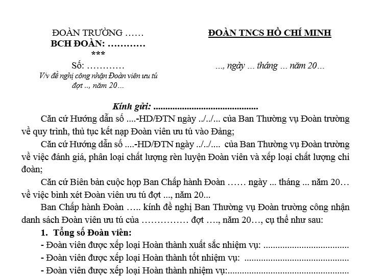 Mẫu Công văn đề nghị công nhận đoàn viên ưu tú? Đoàn viên Đoàn TNCS Hồ Chí Minh có quyền và nhiệm vụ gì?