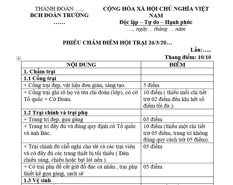 Mẫu phiếu chấm điểm hội trại 26 3? Tải mẫu phiếu chấm điểm hội trại 26 3? Bao nhiêu tuổi được xét kết nạp vào Đoàn Thanh niên?