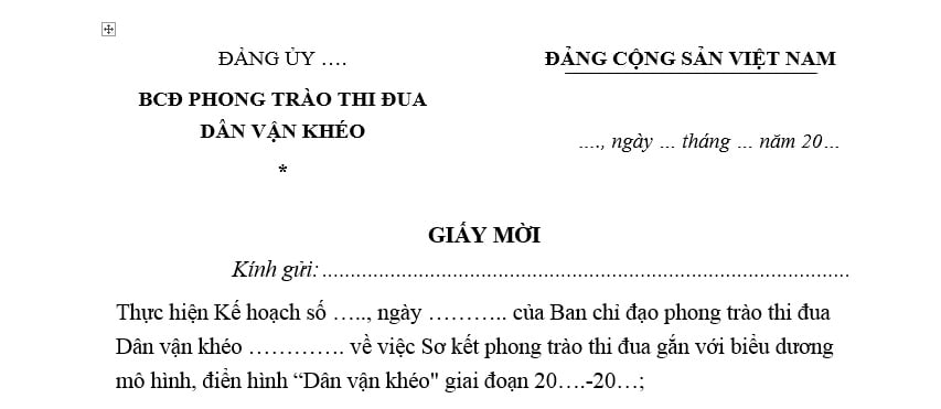 Mẫu Giấy mời Hội nghị sơ kết phong trào dân vận khéo là mẫu nào? Tải mẫu Giấy mời Hội nghị sơ kết phong trào dân vận khéo?