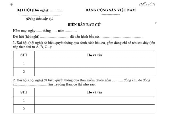 Mẫu Biên bản bầu cử đại biểu dự khuyết dự Đại hội đảng bộ cấp trên? Tải mẫu? Việc chuyển đại biểu dự khuyết thành đại biểu chính thức do ai quyết định?