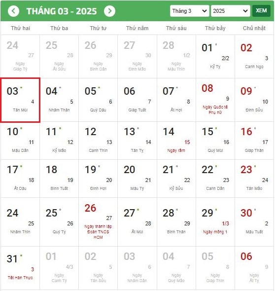 Ngày 3 tháng 3 là ngày mấy âm lịch, thứ mấy? Ngày 3 tháng 3 cung gì? Ngày 3 tháng 3 là ngày gì? Có phải ngày lễ lớn không?