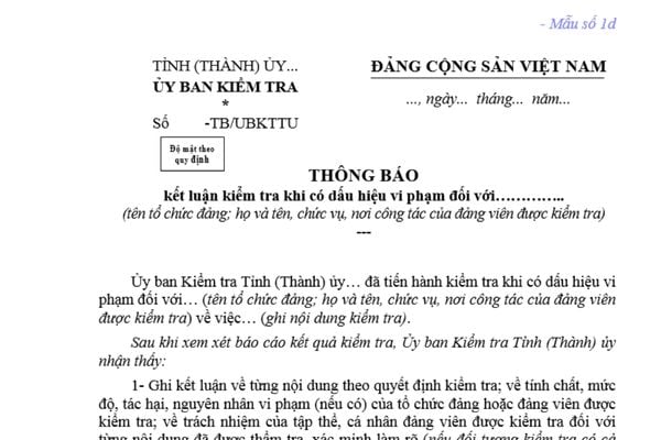 Mẫu Thông báo kết luận kiểm tra khi có dấu hiệu vi phạm của Ủy ban kiểm tra mới nhất như thế nào? Tải mẫu ở đâu?