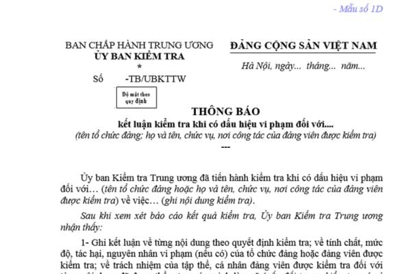 Mẫu Thông báo kết luận kiểm tra khi có dấu hiệu vi phạm của Ủy ban kiểm tra mới nhất như thế nào? Tải mẫu ở đâu?