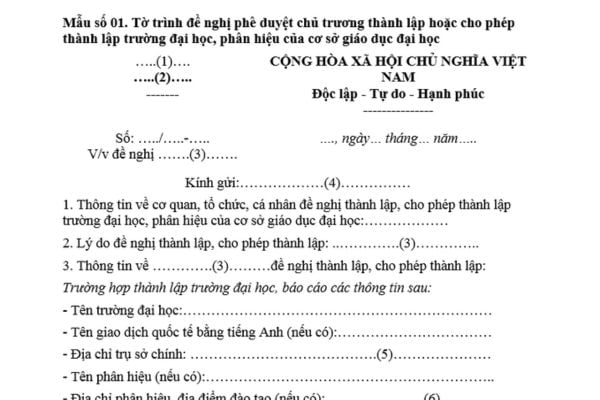 Mẫu Tờ trình đề nghị phê duyệt chủ trương thành lập hoặc cho phép thành lập trường đại học, phân hiệu trường đại học mới nhất?