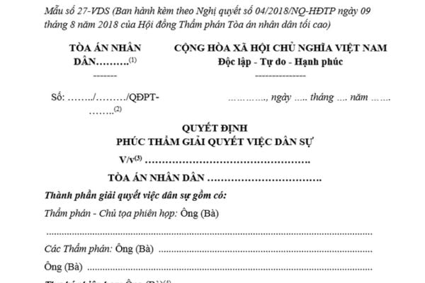 Mẫu Quyết định phúc thẩm giải quyết việc dân sự mới nhất là mẫu nào? Tải mẫu? Hướng dẫn viết mẫu?