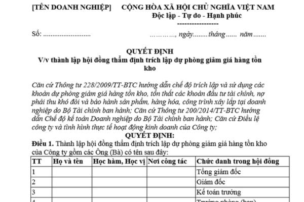 Mẫu Quyết định thành lập Hội đồng thẩm định trích lập dự phòng giảm giá hàng tồn kho mới nhất? Mức trích lập được tính theo công thức nào?