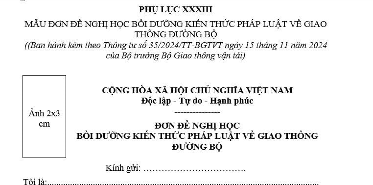 Mẫu Đơn đề nghị học bồi dưỡng kiến thức pháp luật về giao thông đường bộ mới nhất hiện nay? Tải mẫu?