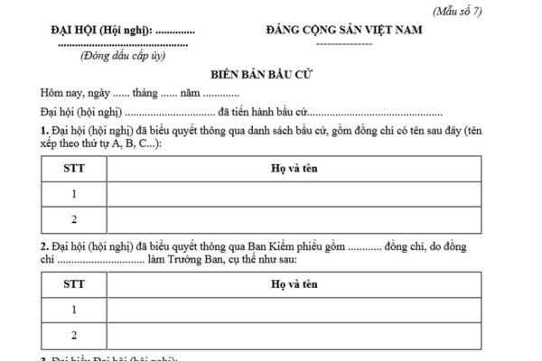 Mẫu Biên bản bầu Bí thư, Phó bí thư đảng bộ mới nhất là mẫu nào? Nội dung biên bản bao gồm những gì?