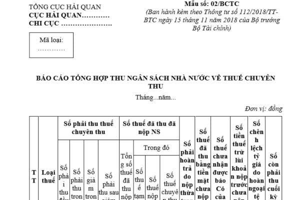 Mẫu Báo cáo tổng hợp thu ngân sách nhà nước về thuế chuyên thu đối với hàng hóa xuất nhập khẩu mới nhất? 