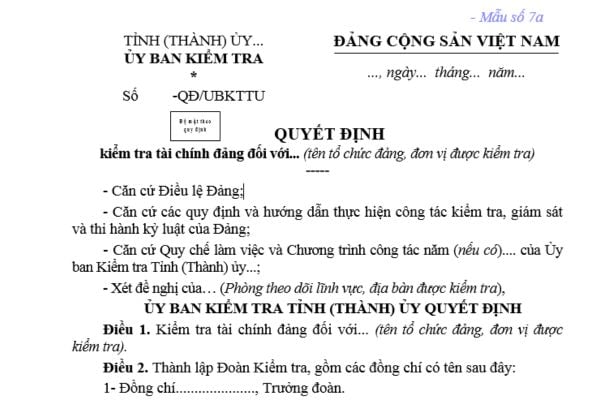 Kiểm tra tài chính Đảng là gì? Mẫu Quyết định kiểm tra tài chính đảng của Ủy ban kiểm tra mới nhất?