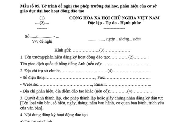 Mẫu Tờ trình đề nghị cho phép hoạt động đào tạo của trường đại học, phân hiệu trường đại học? Điều kiện cho phép hoạt động đào tạo?