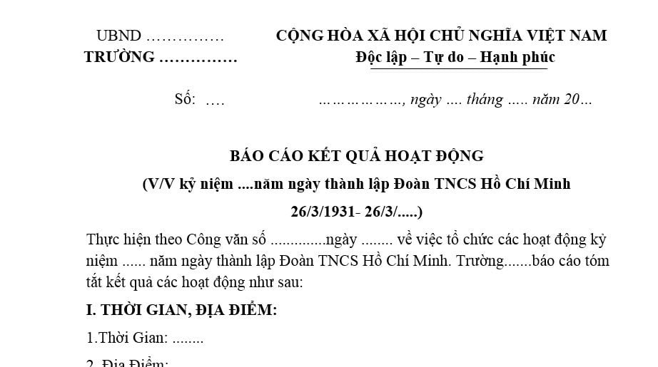 Mẫu báo cáo hoạt động 26 3? Báo cáo hoạt động ngày thành lập Đoàn 26 3? Nơi chưa có tổ chức Đoàn Thanh niên thì ai có quyền xét kết nạp Đoàn viên?