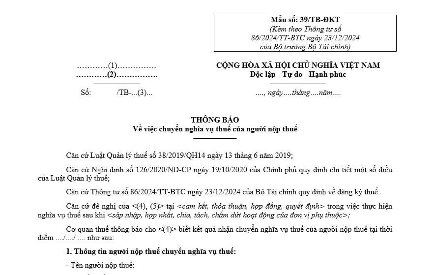 Mẫu Thông báo chuyển nghĩa vụ thuế của người nộp thuế mới nhất theo Thông tư 86? Trường hợp chuyển nghĩa vụ thuế?