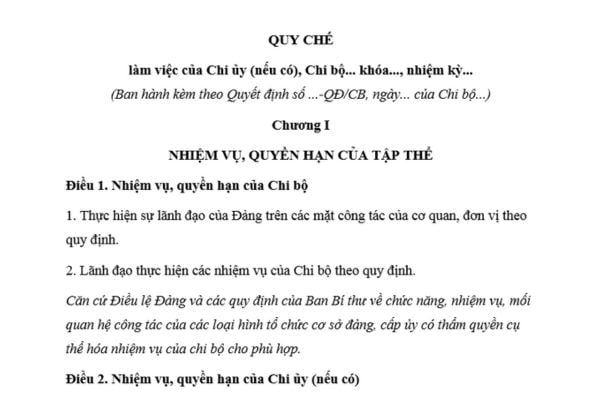 Mẫu Quy chế làm việc của chi ủy chi bộ cơ sở mới nhất là mẫu nào? Chi ủy, chi bộ cơ sở họp thường lệ mấy tháng một lần?