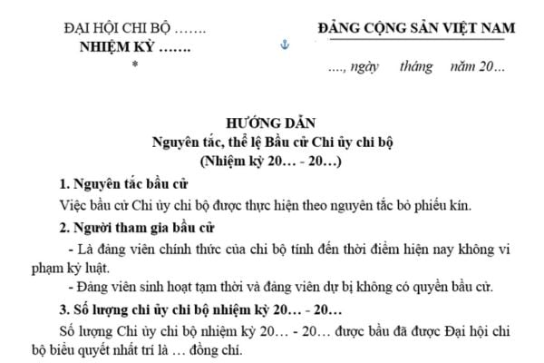 Mẫu Hướng dẫn bầu chi ủy chi bộ là mẫu nào? Tải mẫu Hướng dẫn nguyên tắc, thể lệ bầu cử chi ủy chi bộ?