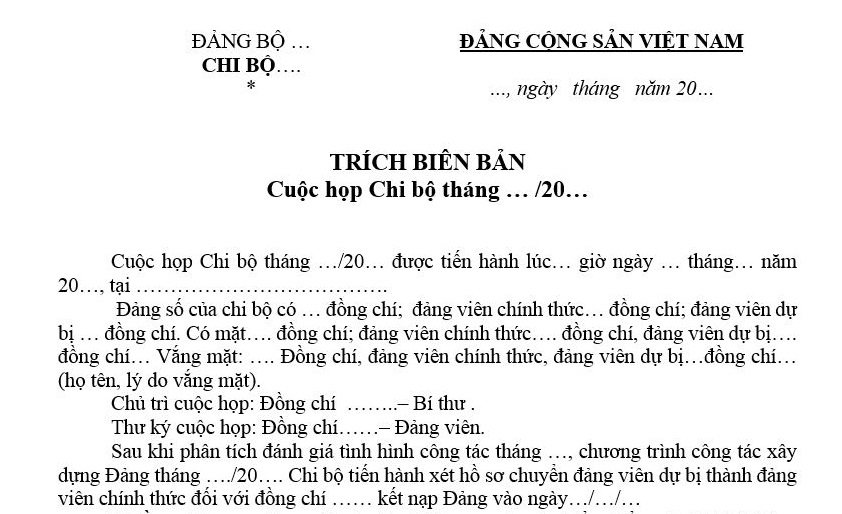 Mẫu trích biên bản họp Chi bộ chuyển Đảng chính thức? Tải mẫu? Thời gian làm đảng viên dự bị để được chuyển Đảng chính thức?