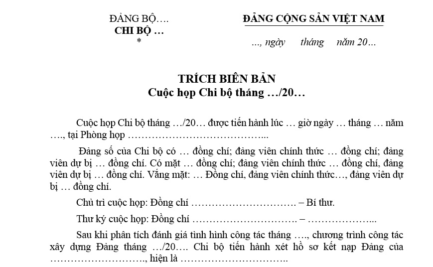 Mẫu trích biên bản họp chi bộ kết nạp đảng viên? Tải mẫu? Thời điểm công nhận đảng viên chính thức là khi nào?