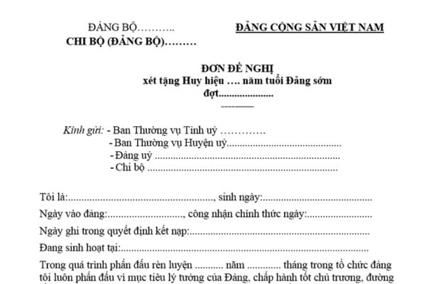 Mẫu Đơn đề nghị tặng Huy hiệu Đảng sớm? Tải mẫu mới nhất? Trường hợp được xét tặng Huy hiệu Đảng sớm?