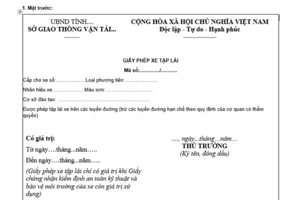 Mẫu giấy phép xe tập lái mới nhất hiện nay? Tải mẫu? Xe tập lái của cơ sở đào tạo lái xe ô tô cần đáp ứng điều kiện gì?