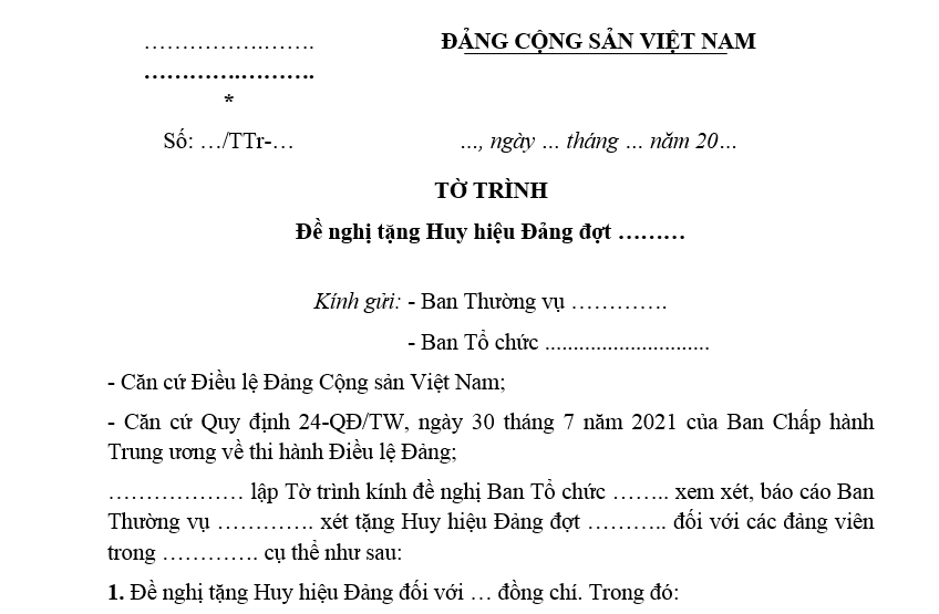 Mẫu Tờ trình đề nghị tặng Huy hiệu đảng mới nhất? Tải mẫu? Quy trình xét tặng Huy hiệu Đảng như thế nào?