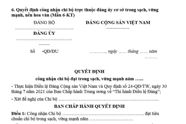 Mẫu Quyết định công nhận chi bộ trong sạch vững mạnh? Đơn vị có bao nhiêu đảng viên thì được lập chi bộ thuộc đảng ủy cơ sở?