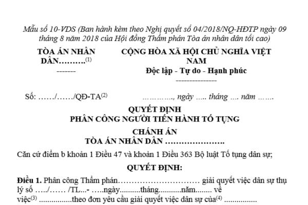 Mẫu Quyết định phân công người tiến hành tố tụng dân sự là mẫu nào? Tải mẫu? Hướng dẫn viết mẫu?