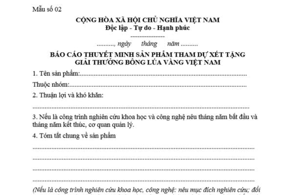 Mẫu Báo cáo Thuyết minh sản phẩm xét tặng Giải thưởng Bông lúa vàng Việt Nam mới nhất? Tải mẫu?