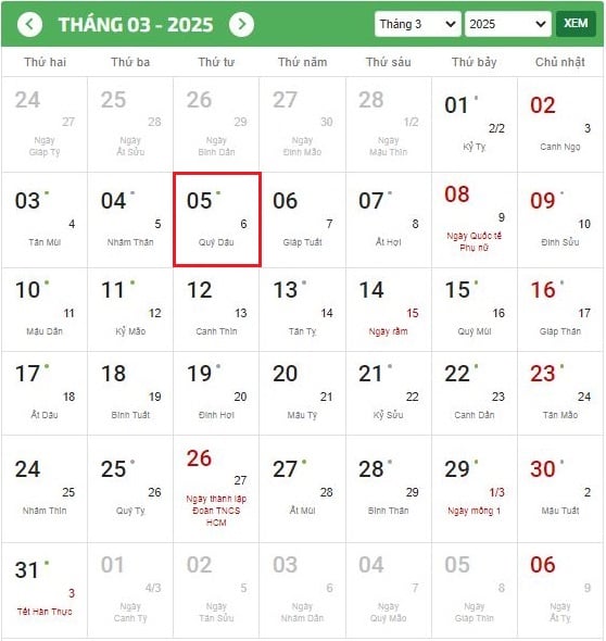 Ngày 5 tháng 3 là ngày gì, thứ mấy? Ngày 5 tháng 3 là ngày bao nhiêu âm? Có được vào ngày 5 tháng 3 không? 