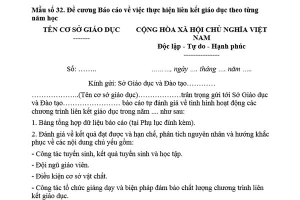 Đề cương Báo cáo thực hiện liên kết giáo dục theo từng năm học? Tải về? Thời hạn gửi Báo cáo là khi nào?