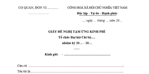 Mẫu Giấy đề nghị tạm ứng kinh phí đại hội chi bộ mới nhất? Tải mẫu? Mức chi đại hội chi bộ là bao nhiêu?