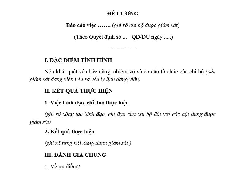 Mẫu Đề cương báo cáo giám sát chi bộ của Đảng ủy? Tải mẫu? Nội dung giám sát chi bộ của đảng ủy bao gồm những gì?