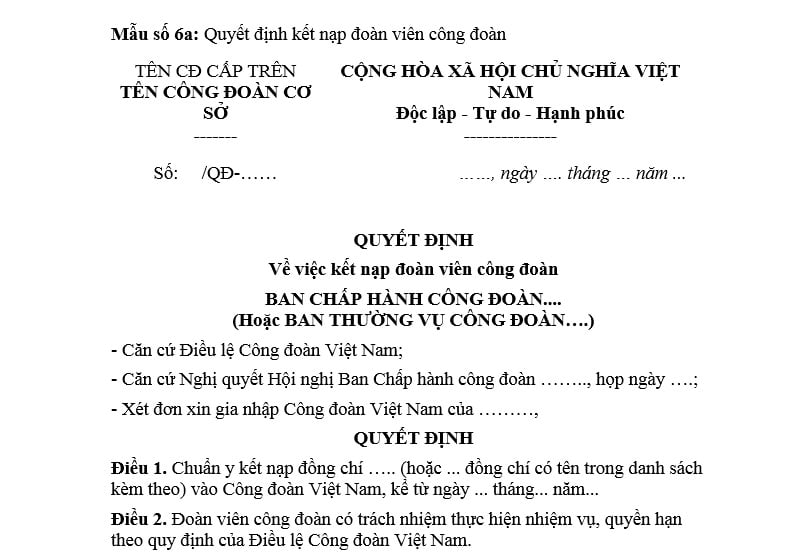 Mẫu Quyết định kết nạp đoàn viên công đoàn theo Hướng dẫn 38? Tải mẫu? Thủ tục gia nhập Công đoàn?