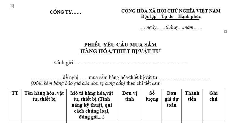 Mẫu Phiếu yêu cầu mua hàng hóa thiết bị vật tư mới nhất? Tải mẫu? Phiếu yêu cầu mua hàng hóa thiết bị vật tư là gì?