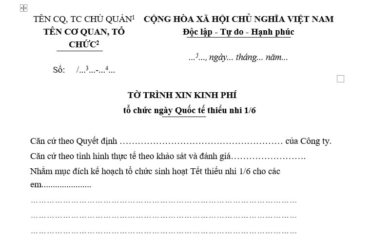 Mẫu Tờ trình xin kinh phí tổ chức Quốc tế thiếu nhi 1 6? Tờ trình xin kinh phí 1 6?