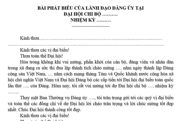 Bài phát biểu của lãnh đạo Đảng ủy tại đại hội chi bộ? Mẫu bài phát biểu của lãnh đạo Đảng ủy tại đại hội chi bộ mới nhất?