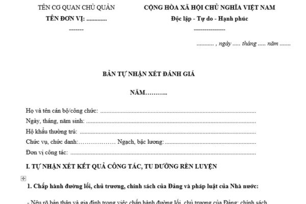 Mẫu bản tự nhận xét đánh giá của cán bộ công chức mới nhất? Mục đích của việc đánh giá cán bộ công chức là gì?