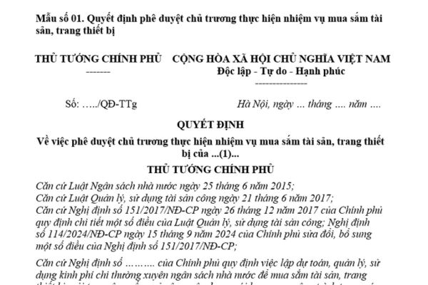 Mẫu quyết định phê duyệt chủ trương thực hiện nhiệm vụ mua sắm tài sản trang thiết bị của cơ quan đơn vị theo Nghị định 138?