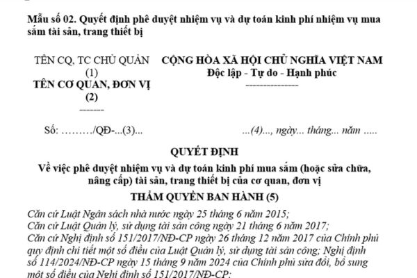 Mẫu quyết định phê duyệt nhiệm vụ và dự toán kinh phí NSNN để mua sắm tài sản trang thiết bị mới nhất?