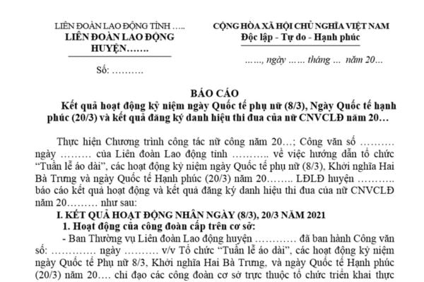 Mẫu Báo cáo hoạt động ngày 8 3 Quốc tế Phụ nữ? Tải mẫu? Lao động nữ có được nghỉ làm ngày 8 3 không?