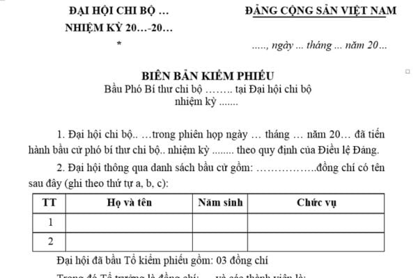 Mẫu Biên bản kiểm phiếu bầu Phó bí thư chi bộ mới nhất? Tải mẫu? Điều kiện ứng cử vào danh sách bầu Phó bí thư chi bộ là gì?