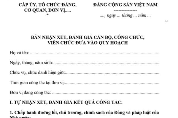 Mẫu bản nhận xét đánh giá cán bộ quy hoạch mới nhất? Tiêu chí đánh giá cán bộ quy hoạch thế nào?