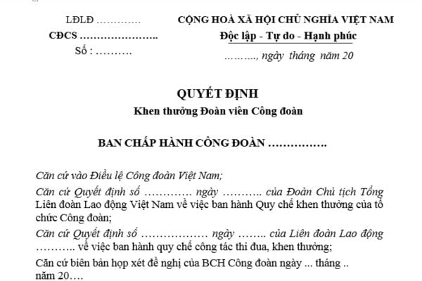 Mẫu Quyết định khen thưởng Đoàn viên Công đoàn mới nhất? Tiêu chuẩn xét tặng danh hiệu Đoàn viên Công đoàn xuất sắc?