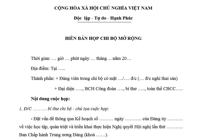 Biên bản họp chi bộ mở rộng? Mẫu Biên bản họp chi bộ mở rộng? Tải mẫu? Chi bộ tổ chức trao thẻ đảng cho đảng viên trong cuộc họp chi bộ đúng không?
