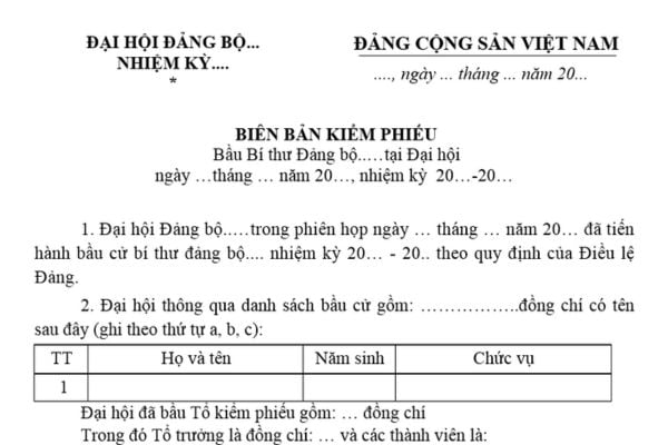 Mẫu Biên bản kiểm phiếu bầu Bí thư đảng bộ là mẫu nào? Tải mẫu? Bí thư đảng bộ được điều hành công việc của cấp ủy khoá mới khi nào?