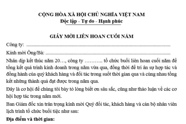 Mẫu Giấy mời liên hoan cuối năm mới nhất? Tải mẫu? Doanh nghiệp có phải thưởng cho người lao động trong dịp liên hoan cuối năm?