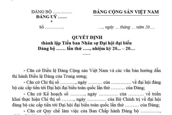 Mẫu Quyết định thành lập Tiểu ban Nhân sự Đại hội đại biểu Đảng bộ là mẫu nào? Tải mẫu? Đại biểu dự đại hội gồm những người nào?