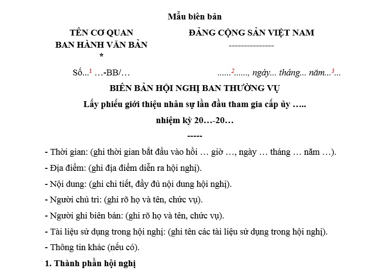 Mẫu Biên bản Hội nghị Ban thường vụ cấp ủy lấy phiếu giới thiệu nhân sự lần đầu tham gia cấp ủy? Tải mẫu?