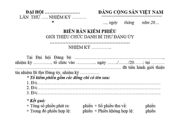 Mẫu Biên bản kiểm phiếu giới thiệu chức danh Bí thư Đảng ủy là mẫu nào? Ban kiểm phiếu đại hội đảng bộ phải bàn giao biên bản kiểm cho ai?