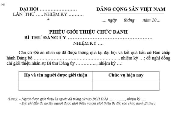 Mẫu Phiếu giới thiệu nhân sự Bí thư đảng ủy mới nhất? Tải mẫu? Quy trình lấy phiếu giới thiệu chức danh Bí thư Đảng ủy như thế nào?