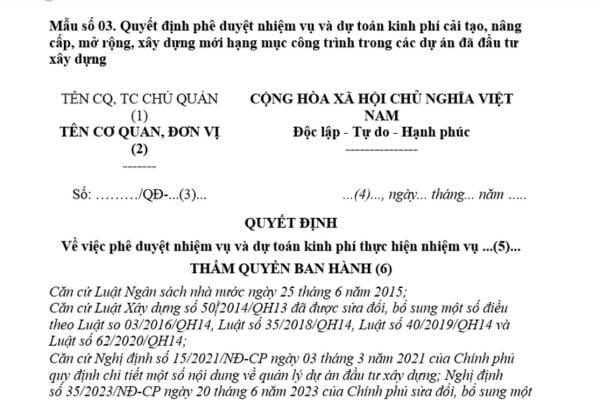 Mẫu quyết định phê duyệt nhiệm vụ và dự toán kinh phí NSNN để cải tạo nâng cấp hạng mục công trình trong dự án đã đầu tư xây dựng mới nhất?